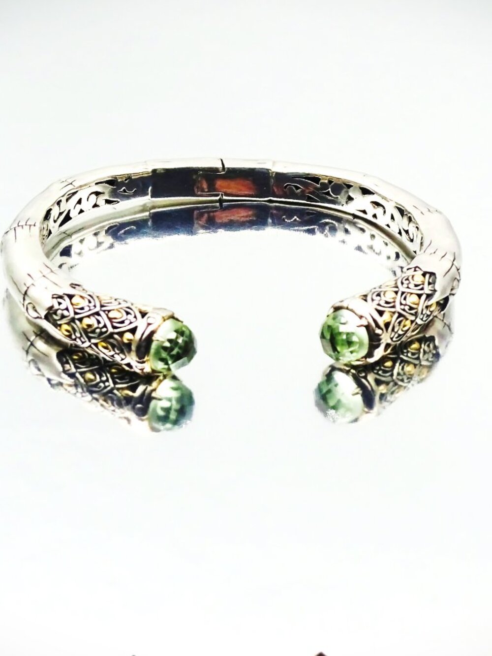 PHILLIP GAVRIEL Sterling Silver 18K Yellow Gold Prasiolite Hinged Cuff Bracelet